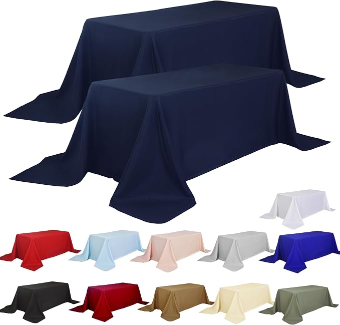 2-Pack 90x156 inch Navy Blue Table Cloths, Solid Stain and Wrinkle Resistant Oblong Tablecloth, Premium Plain Weave Polyester Fabric Rectangle Table Linen Covers for Hotel, Banquet