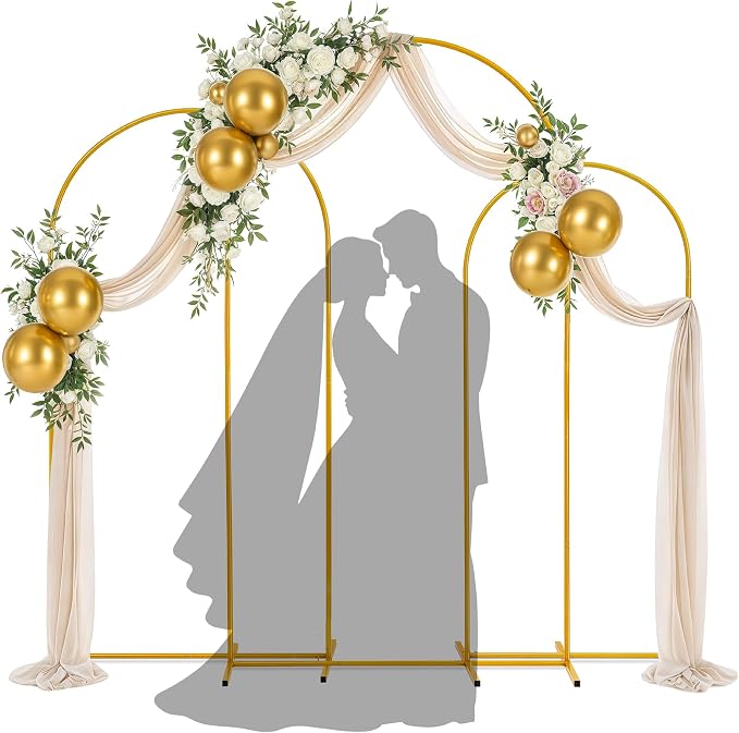 Gold Metal Arch Backdrop Stand for Wedding & Birthday Party Decorations, Foldable Balloon Arch Frame with Easy Assembly, Photo Booth Backdrop Décor with Fairy Lights Options