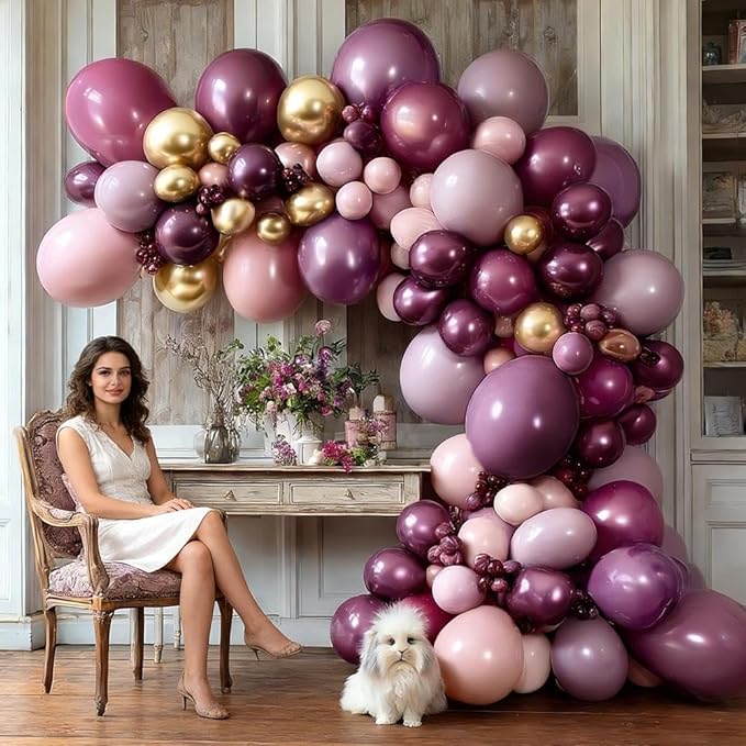 Dark Purple Pink Balloon Garland Double Stuffed Plum Mauve Burgundy Gold Balloon Arch Kit Dusty Pink Lavender Balloons for Birthday Bridal Shower Wedding Mother's Day Anniversary Party Decorations
