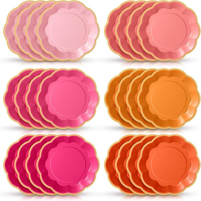 72 Pcs Pink and Orange Paper Plates 9 Inch Pink and Orange Scalloped Paper Disposable Dinner Dessert Plates for Birthday Wedding Bridal Party Supplies, 6 Colors
