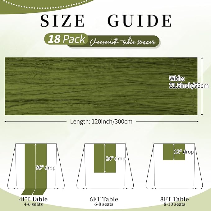 18 Pack Olive Green Cheesecloth Table Runner 21.5x120 Inch,Semi Sheer Boho Gauze Cheese Cloth Fabric Table Runners 10 FT Long for Wedding Party Baby Shower Birthday Home Decor