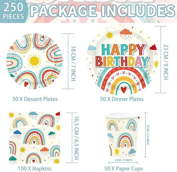 250 Pcs Retro Rainbow Birthday Party Decorations Colorful Rainbow Plates and Napkins Cups Sun Cloud Tableware Set for Boys Girls Baby Shower Boho Themed Birthday Party Supplies Serves 50