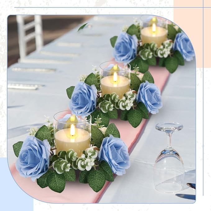Yunlly 12 Pcs Rose Candle Rings with Flameless Candles Sets, Artificial Flower Eucalyptus Wedding Centerpiece 3 Inch Pillar Candleholders Wreaths for Wedding Party Mother's Day (Blue)