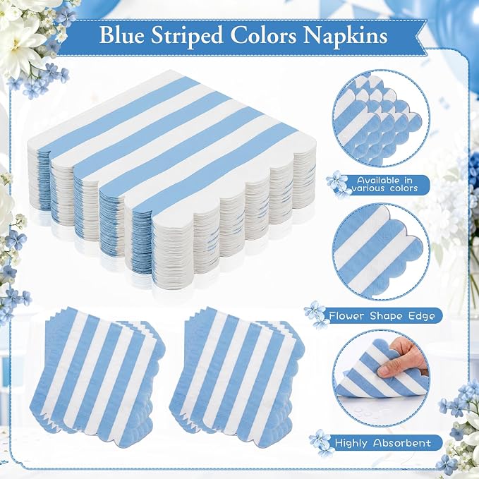Mimorou 175 Pcs Blue and White Striped Paper Plates and Napkins for 25 Guests, Blue Striped Disposable Tableware Set Plates Cup Napkins Spoon Fork Knife for Baby Shower Birthday Party Supplies