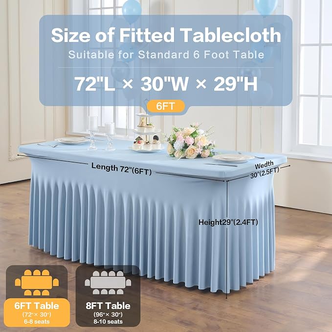 4 Pack Dusty Blue Spandex Fitted Tablecloths for 6 Foot Rectangle Tables, Dusty Blue Stretch Table Cloth with Table Skirt, Wrinkle Free Spandex Table Covers 6ft for Parties, Weddings, Trade Shows