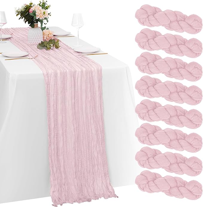 8 Pack Dusty Pink Valentine's Day Cheesecloth Table Runner 21x120 Inch Gauze Table Runners Reusable Polyester 10ft Boho Rustic Cheese Cloth Table Runner for Wedding Party Baby Shower Birthday