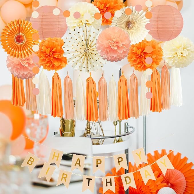 Orange Beige Fall Boho Birthday Party Decorations Autumn Sweet Peach Birthday Women Girls Groovy Paper Lanterns Tissue Pom Poms Paper Fans Tassel Gralands Fall Orange Birth day Party Decoration