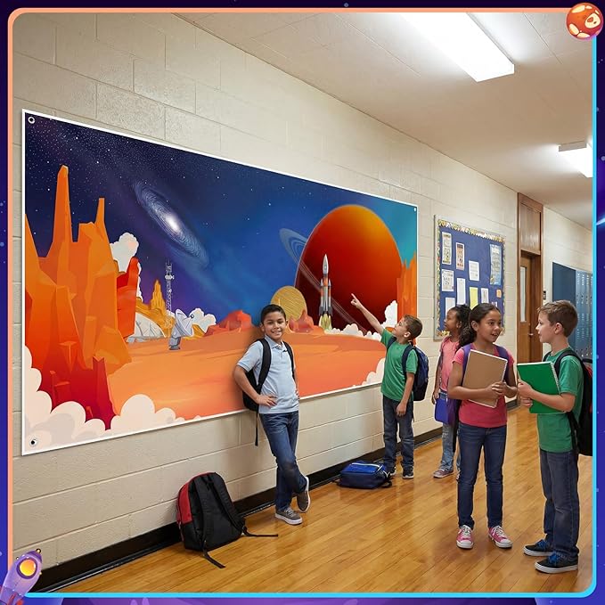 9 x 20 ft 2026 Vbs Backdrop Decoration Vbs Universe Space Galaxy Moon and Rocket Background Vacation Bible School Backdrop for Classroom Party Summer Cap Photo Booth Prop Church Outer Space Background