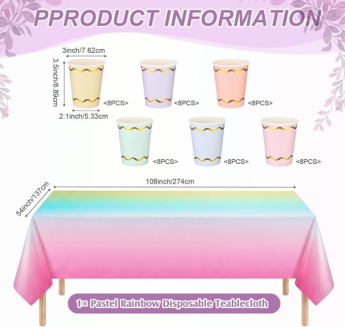 Yungyan 193 Pcs 48 Guests Pastel Gradient Rainbow Birthday Party Supplies Disposable Tableware Set 9 oz Paper Cups with Handle 7" 9" Paper Plate Napkin Tablecloth for Party Wedding Baby Shower