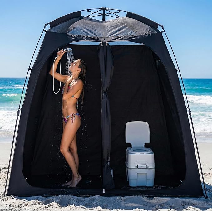 EighteenTek® Upgraded Shower Tents with Hub, Pop Up Privacy Tent Camping 2-Room Privacy Shelter with Floor & Dual Doors, Portable Easy-Setup Toilet & Changing Tent, 83" x 47" x 77.6"H