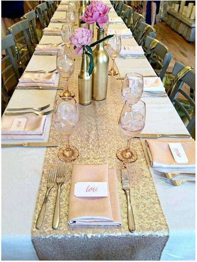 ShinyBeauty Champagne Table Runners Pack of 15 Wedding Decor Sequin Table Runner 12x108-Inch Outdoor Table Linen 108 Inches Long Birthday Wedding Party Tables Decoration