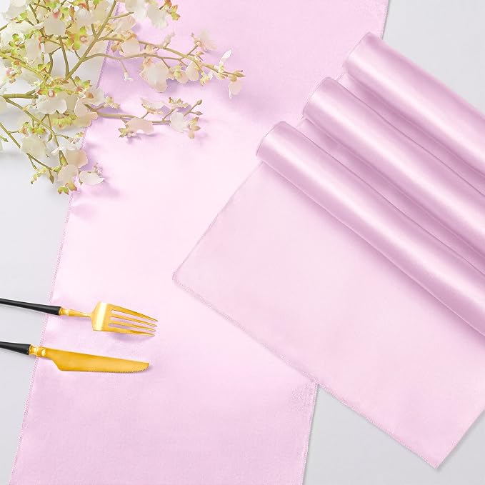 Horbaunal 2 Pack Light Pink Satin Table Runner 12 x 108 Inch, Smooth Table Runners for Wedding Banquets Birthday Party