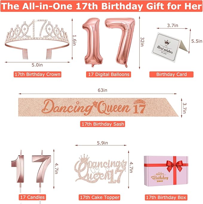 Dancing Queen Party Decorations 17 with Dancing Queen Sash and Tiara, Cake Topper and Candles, Number Balloons, 17th Birthday Decorations for Girls, 17 Year Old Gifts for Girls