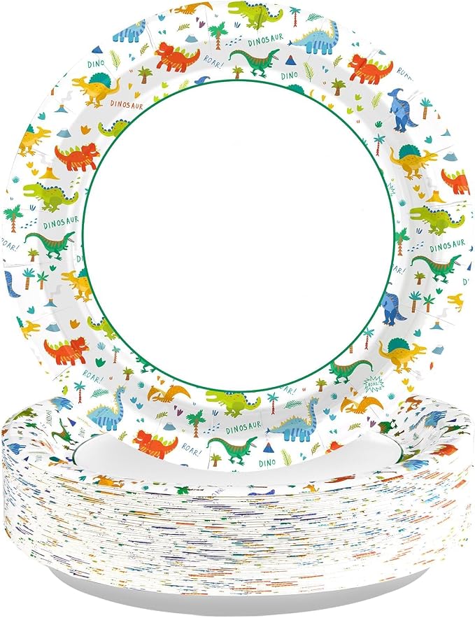 Grencian 100 Pcs Kids Dinosaur Plates Dinosaur-Themed Disposable Heavy Duty Paper Plates 9" Round Large Dino Plate for Boys Kids Dino Lovers Birthday Baby Shower BBQ Graduation Party Decor