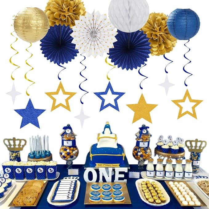 Navy-Blue White-Gold Birthday Party Decorations - 19pcs Men Boys Streamers Banner,Paper Star Garland Lanterns Honeycomb Fan,Tissue Pom Poms,Wall Ceiling Backdrop Supplies Ouruola