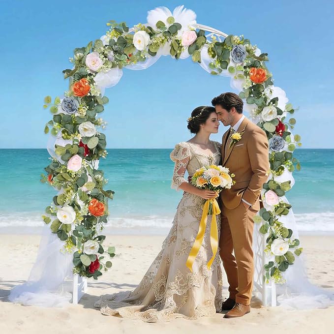 2Pcs(10FT) Artificial Eucalyptus Garlands with Rose Flowers, Faux Floral Greenery Garland Fake Flower Vines for Valentine's Day Wedding Table Arch Party Anniversary Backdrop Decor (Colorful)