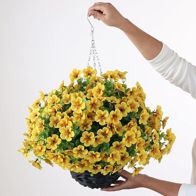 VIERENA 2 Sets Artificial Morning Glory and Eucalyptus Hanging Basket for Outdoor, UV-Resistant Fake Flower Hanging Basket, Suitable for Porch, Aisle, Garden, Patio, Eaves Decor (Yellow)