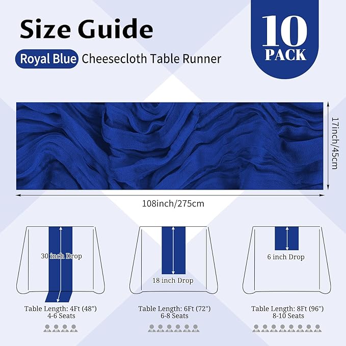 10 Pack Royal Blue Cheesecloth Table Runner 17x108 Inch Semi Sheer Boho Gauze Cheese Cloth Table Runners, for Wedding Bridal Shower Birthday Party Home Decor Garden Farmhouse