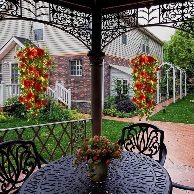 RECUTMS Artificial Red Roses Hanging Flowers Plants, 2 pcs 3.3 Ft Fake Silk Floral Ivy Garlands with 30 Fairy String Lights Greenery for Home Room Garden Wedding Arch Indoor Outdoor Wall Party Decor