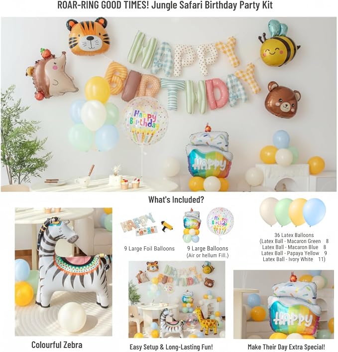 Animals Happy Birthday Foil Balloon Decorations Kit for Kids Birthday, Jungle Zoo Theme Zebra Giraffe Tiger All-In-One Party Supplies with Birthday Banner (Animal Birthday Set)