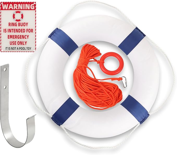 Calvana 20" Foam Life Preserver Ring with 98.4ft Floating Lifesaving Rope, Throwable Flotation Device, Pool Safety Float, for Buoy and Swimming Decoration, Boat Safety Equipment