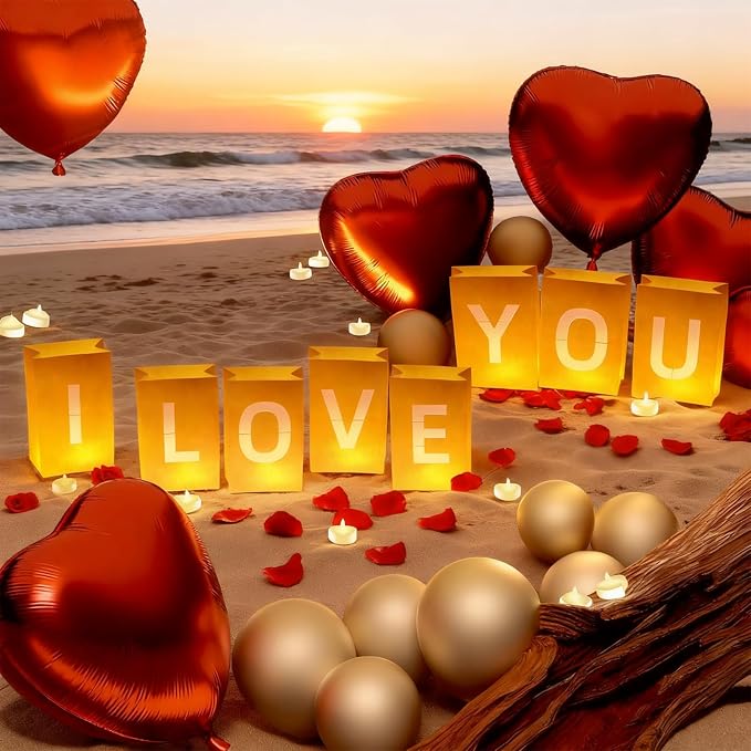 I Love You Decorations – Surprise Set with Light Up Letters, 30 Tea Light Candles, 2000 Rose Petals, 10 Balloons – Luminary Bags for Couples & Romantic Moments