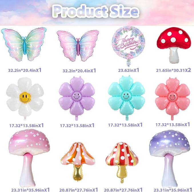 Magical Mushroom Forest Birthday Party Balloon Decor Kit - 13 PCsSet with Gradient Butterflies, Smiley Daisies & Happy Birthday Balloon | Whimsical Theme Party Decorations for Boys and Girls