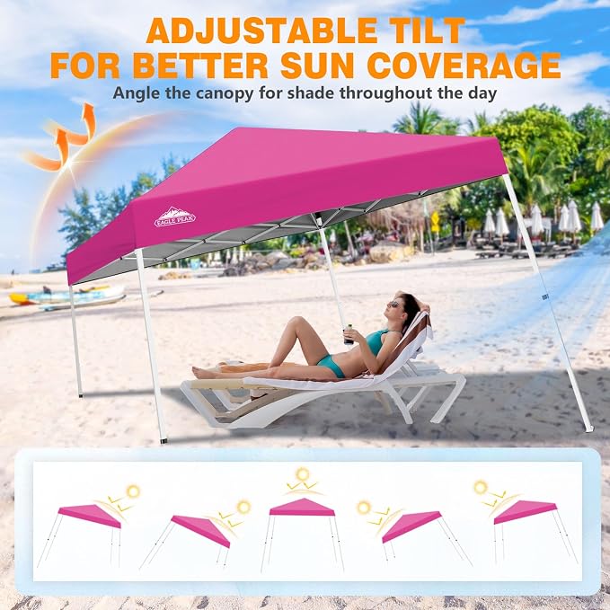 EAGLE PEAK 10x10 Slant Leg Pop-up Canopy Tent Easy One Person Setup Instant Outdoor Beach Canopy Folding Portable Sports Shelter 10x10 Base 8x8 Top (Pink)