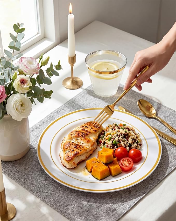 bUCLA 600Pcs White and Gold Plastic Plates - Gold Disposable Dinnerware Set for 100 Guests Include 100 Dinner & 100 Dessert Plates, 100 Cups, 100 Forks, 100 Spoons, 100 Knives for Party