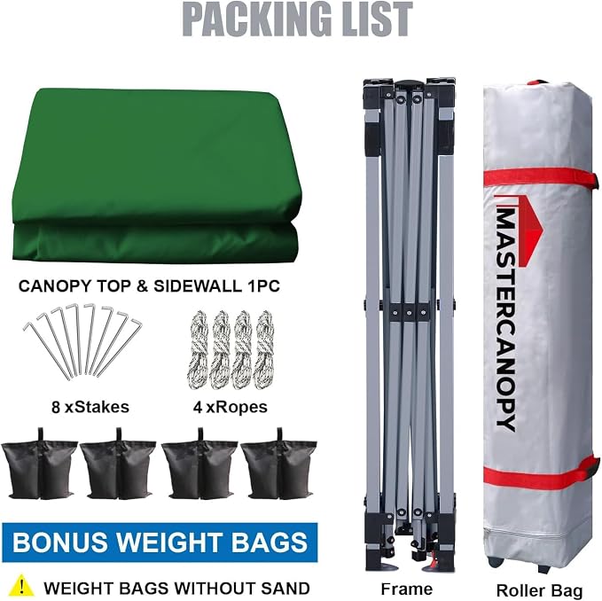 MASTERCANOPY 8x8 Pop Up Canopy Tent with 1 Sidewall, 1 Person Setup Instant Shelter, Outdoor Portable Beach Canopy, 1 Roller Bag, 4 Sandbags, 4 Ropes, 8 Stakes (8x8, Forest Green)