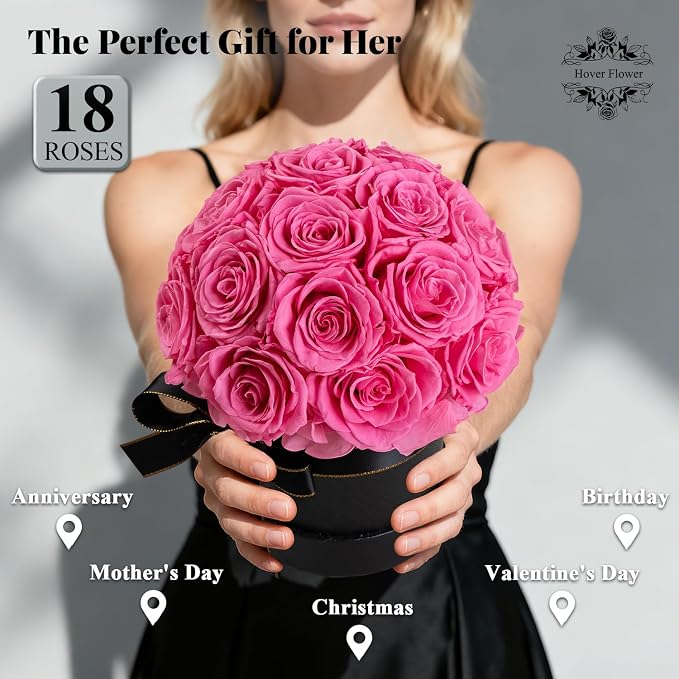 18 Preserved Flowers for Delivery Prime, Roses Dome Forever Flower Decor for Party Home Table Bedroom, Anniversary, Birthday, Wedding Gifts for Women Her (Pink)