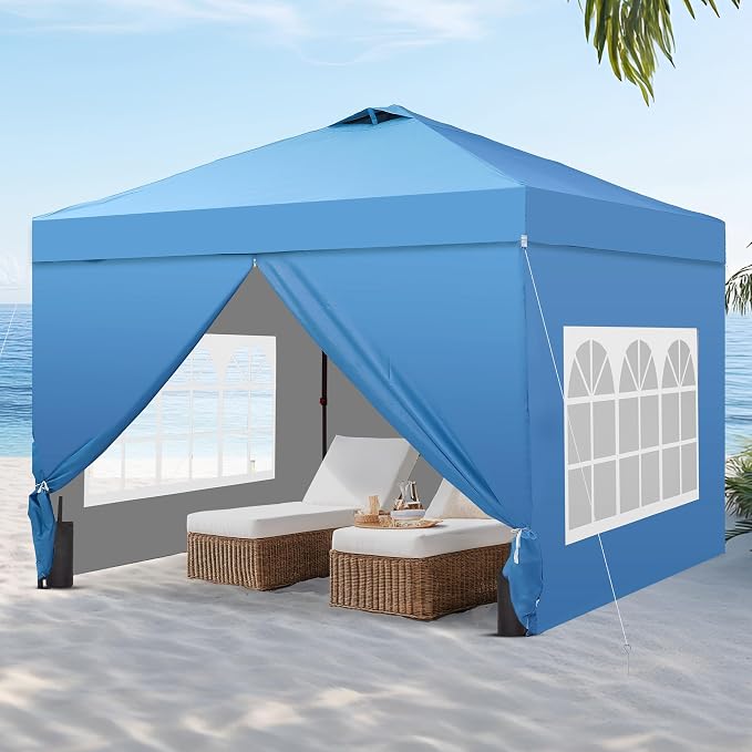 GDY 10x10 Pop Up Canopy Tent with 4 Sidewalls, Easy Set up, Outdoor Silver Coated Beach Gazebos, Carpas with 4 Sandbags, for Events, Parties,Camping,Blue.