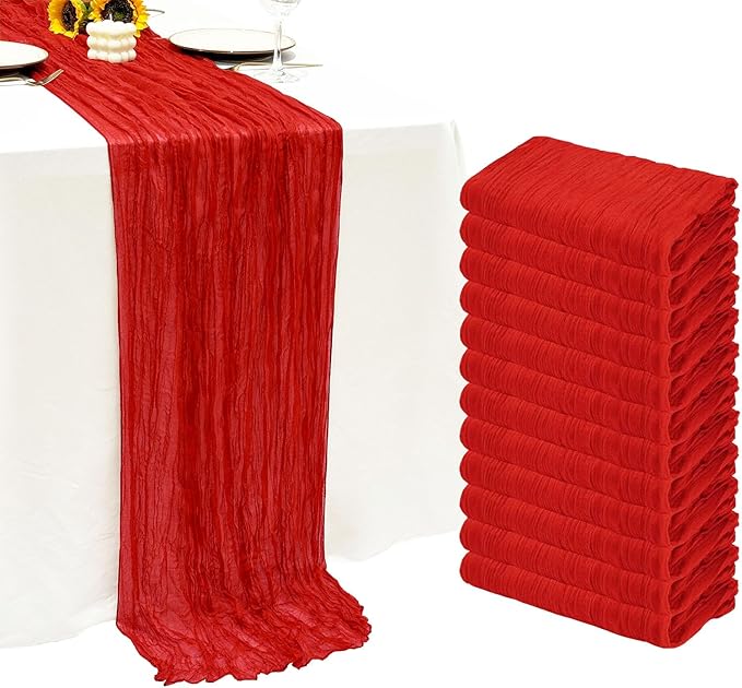 12Pack Red Cheesecloth Table Runner 10Ft Gauze Table Runner Red Cheese Cloth Table Runners Long Sheer Fabric Tablerunners for Wedding Party Bridal Shower Thanksgiving Christmas