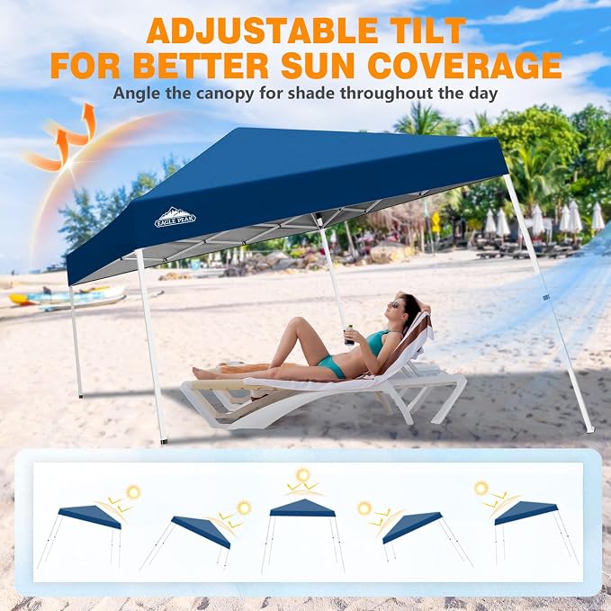 EAGLE PEAK 10x10 Slant Leg Pop-up Canopy Tent Easy One Person Setup Instant Outdoor Beach Canopy Folding Portable Sports Shelter 10x10 Base 8x8 Top (Dark Blue)