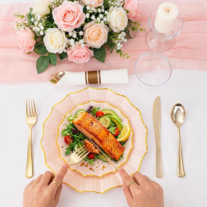 U-QE 175PCS Pink Gold Plastic Plates - Disposable Dinnerware Set for 50 Guests - Pink and Gold Plates and Napkins Party Supplies include 50 Plates, 25 Per Rolled Napkins with Gold Cutlery, 25 Cups