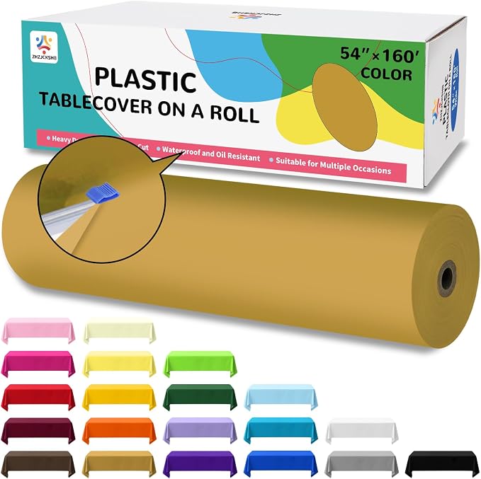54IN X 160FT Plastic Table Cover Roll with Cutter Box, Cut to Size Plastic Table Cloths for Parties, Birthday, Disposable Tablecloth Roll for All Shape Tables (Gold, 54 Inch X 160 Feet)