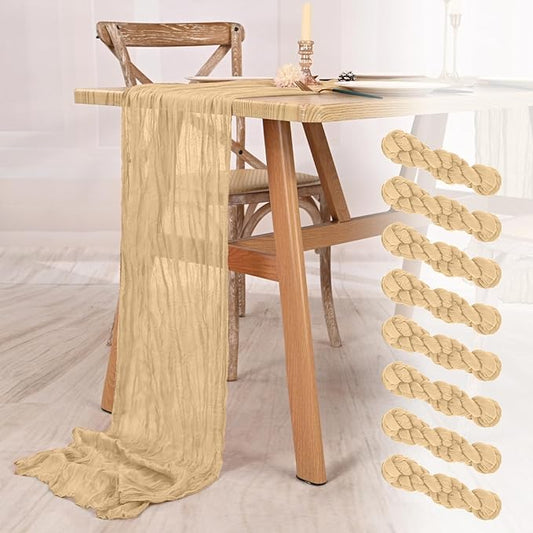 8 Pack Beige Cheesecloth Table Runner 10FT Boho Gauze Cheese Cloth Table Runner Rustic Sheer Fabric Table Runners for Wedding Bridal Shower Baby Shower Party(21.5×120 Inch)