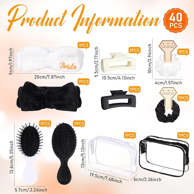 40 Pcs Bachelorette Favor Set Include Headband Scrunchies Hair Claw Clips Hairbrush and Makeup Bag for Bridal Shower Party Gifts Bridesmaid Wedding Supplies(White and Black)