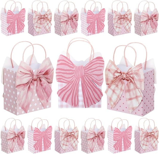Tosstuki 24 Pcs Pink Bow Party Favor Bags 3D Coquette Bow Birthday Gift Goodie Bags with Handles Cute Girly Treat Paper Bag for Women Birthday Wedding Party Decorations Supplies