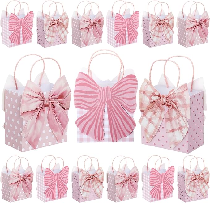 Tosstuki 12 Pcs Pink Bow Party Favor Bags 3D Coquette Bow Birthday Gift Goodie Bags with Handles Cute Girly Treat Paper Bag for Women Birthday Wedding Party Decorations Supplies