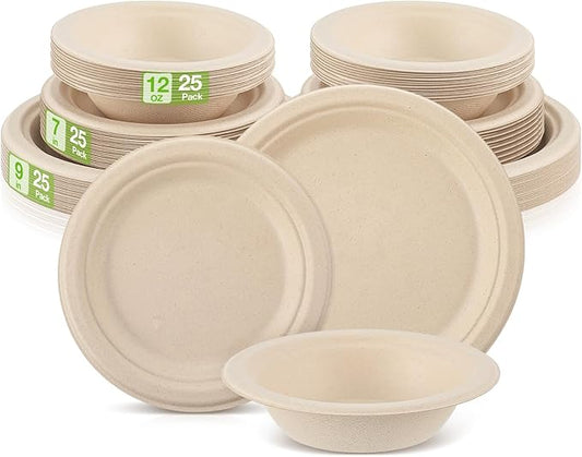 Havawish 75 Pcs Compostable Paper Plates and Bowls Set 7 Inch 9 Inch Disposable Plate 12oz Biodegradable Bowls for 25 Guests Party Dinner Party Supplies Bulk