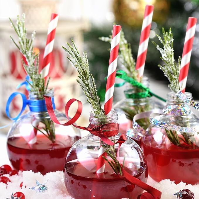 PakTalk 100 Pack Red Straws, Disposable Red and White Biodegradable Paper Striped Straws for Cocktail, Milkshake, Coffee, Lemonade (0.24" x 7.75")