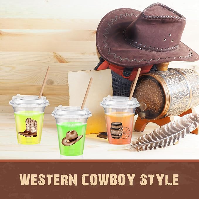 Qinyoung 60 Pcs Western Cowboy Cups with Lids and Paper Straws 14 oz Disposable Clear Plastic Cups for Home Birthday Party Favor Supplies Western Cowboy Decorations