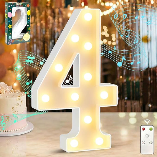 12.6 Inch LED Marquee Light Up Numbers with Happy Birthday Music, Remote Birthday Number Lights as Gifts for Girls Women Men, Lighted Marquee Numbers for Table Party Decorations, Number 4