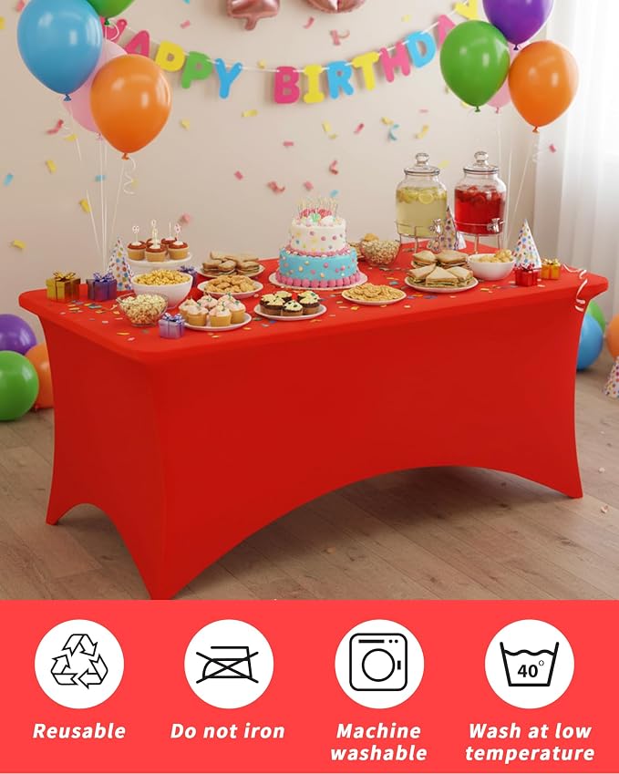 Fixwal Red Tablecloths for 8 Foot Rectangle Tables, 2 Pack Spandex Stretch Fitted Table Covers for Party, Trade Show, Banquet, Wedding, Buffet