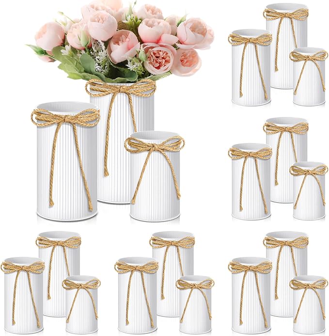 Zonon 18 Pcs Farmhouse Vase Decor with Twine Bow 4.33" Galvanized Flower Bucket 5.91" Metal Pots 7.09" Rustic Decorated Vases for Artificial Flowers Home Table Weddings Decor (White)
