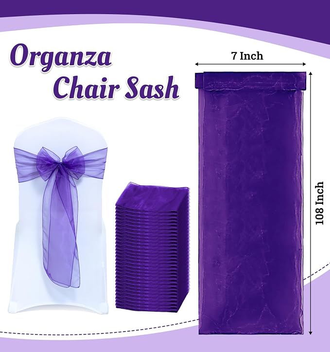 MDS® Pack of 75 Organza Chair Sashes for Wedding Decoration, Reusable Sheer Chair Bows for Banquet Chair Cover, Reception, Bridal Shower, Baby Shower, Birthday Party & Special Events - Purple