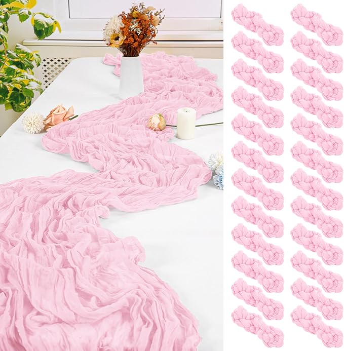 24 Pack Light Pink Cheesecloth Table Runner,10FT Gauze Boho Long Easter Cheesecloth Table Runners 20x120inch Rustic Cheese Cloth Table Runner for Wedding Party Bridal Shower,Table Decorations