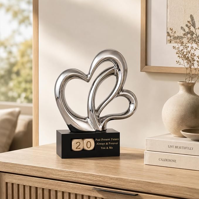Ceramic Heart Sculpture with Date Blocks, Silver Hearts Statue for Home Decor, Romantic Valentines Day & Wedding for Couple, Shelf Mantel Tabletop Display (Silver)