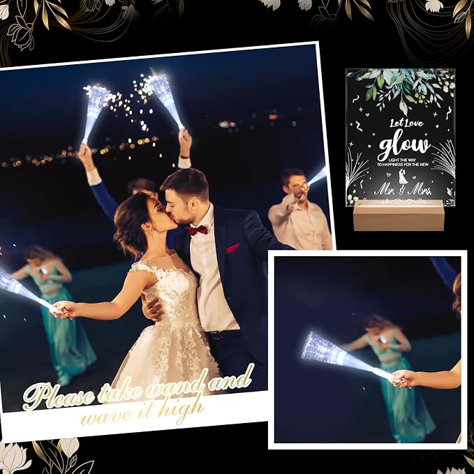 VIHOSE 52 Pcs Wedding Party Favors White Fiber Optic Wands with Acrylic Wedding Table Sign Wooden Illuminated Base LED Fiber Glow Stick Light up Wands for Reception Bridal Shower Party Favors Decor
